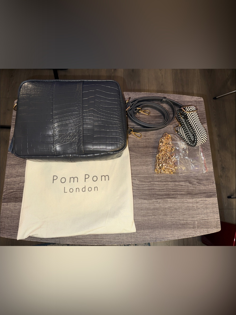 Pom Pom London Navy Croc-Embossed Crossbody with Gold Chain Accent